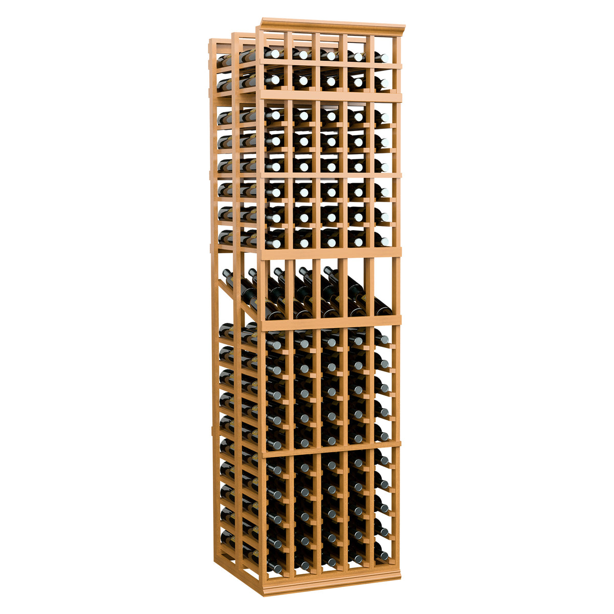 Natural wood 5-column double-deep wine display rack with stacked bottle rows