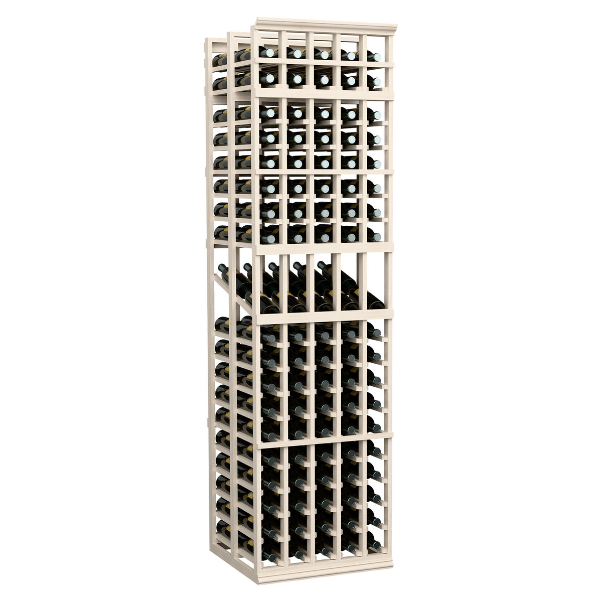 White-washed 5-column double-deep wine rack with front bottle openings