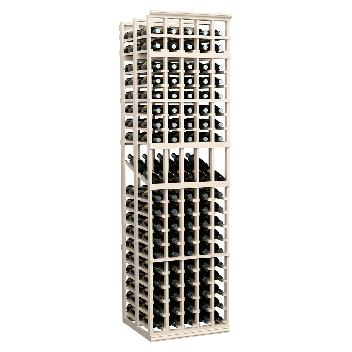 White-washed 5-column double-deep wine display rack with bottle display cubbies