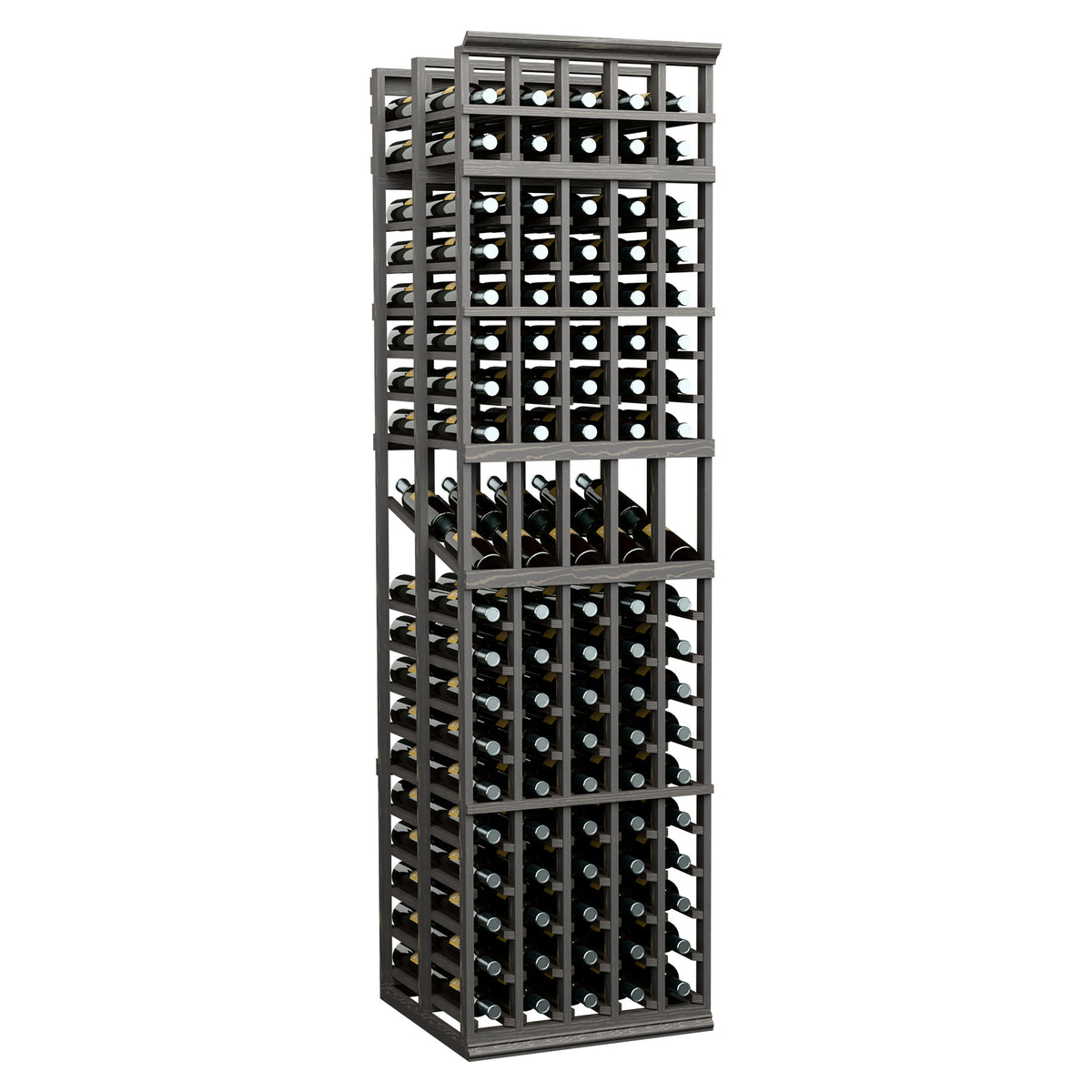 Dark wine display rack with five columns, double-deep bottle storage, front view
