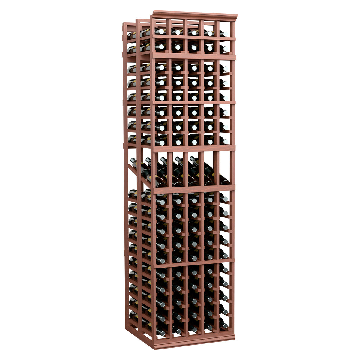 Red-brown wine display rack with five columns, double-deep bottle storage, front view