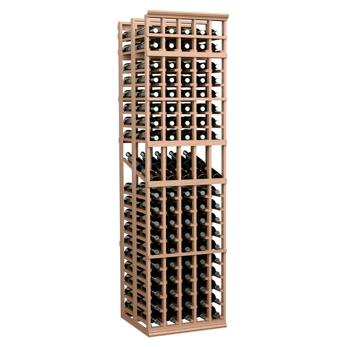 Light wood wine display rack with five columns, double-deep bottle storage, front view