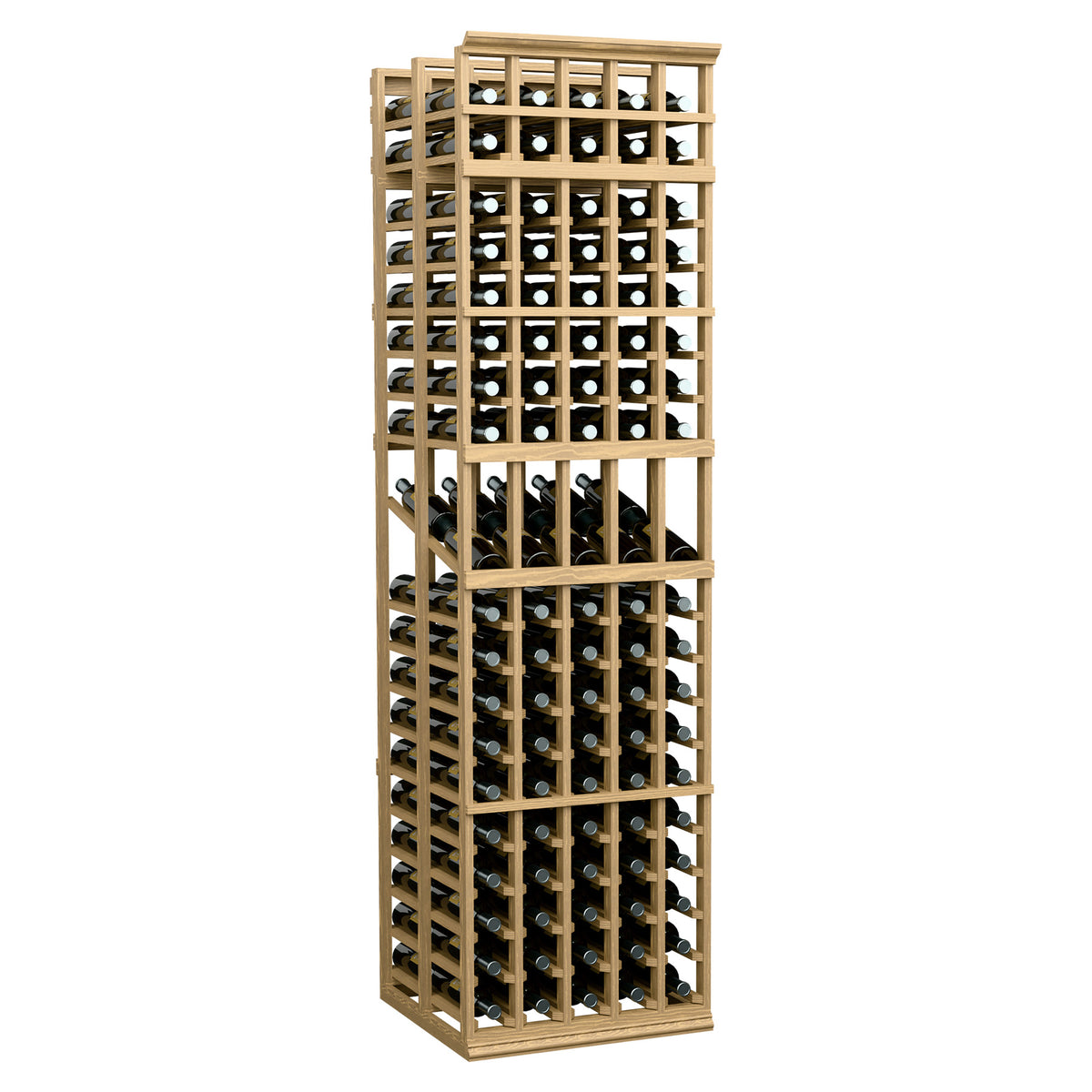 Light tan wood wine display rack with five columns, double-deep bottle storage