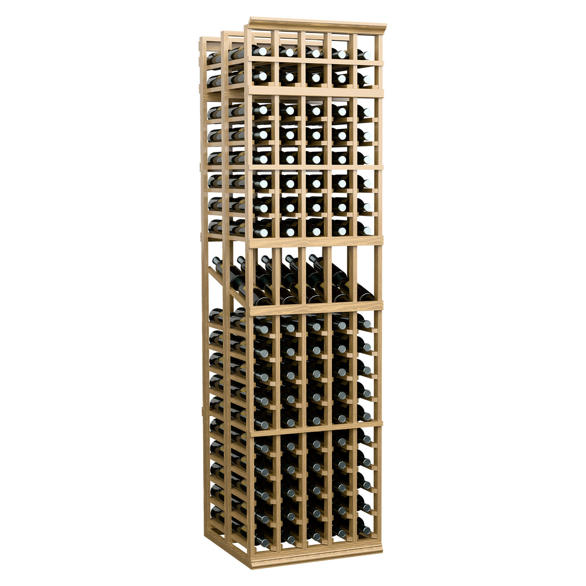 Light wood wine display rack with five columns, double-deep bottle storage, filled