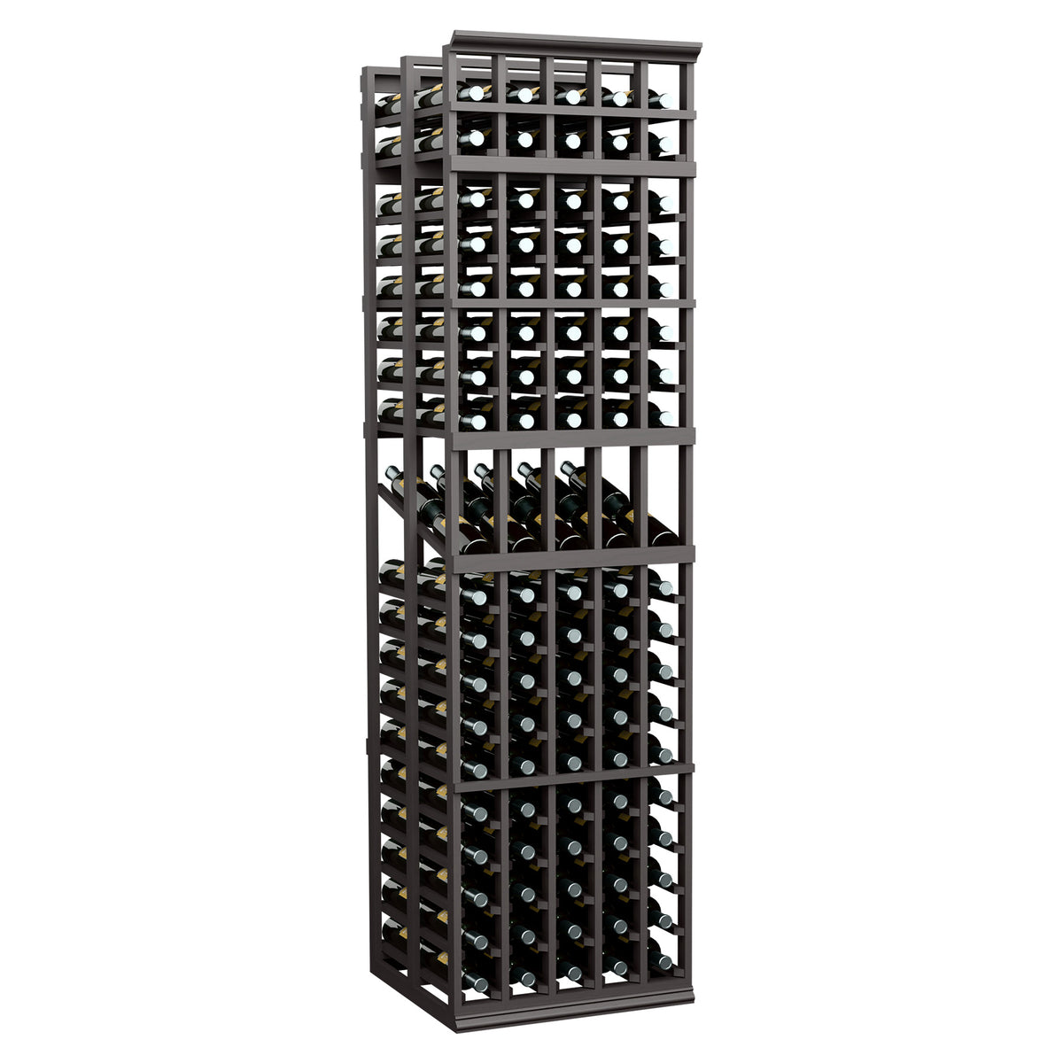 Black wine display rack with five columns, double-deep bottle storage, front view