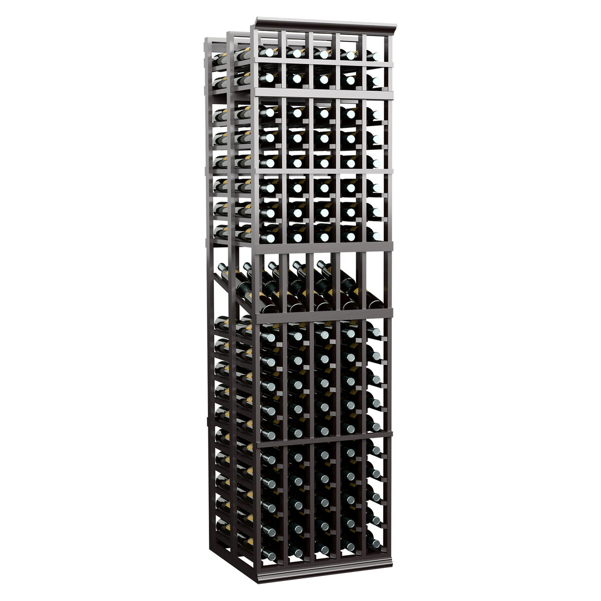 Dark wine display rack with five columns, double-deep bottle storage, front view