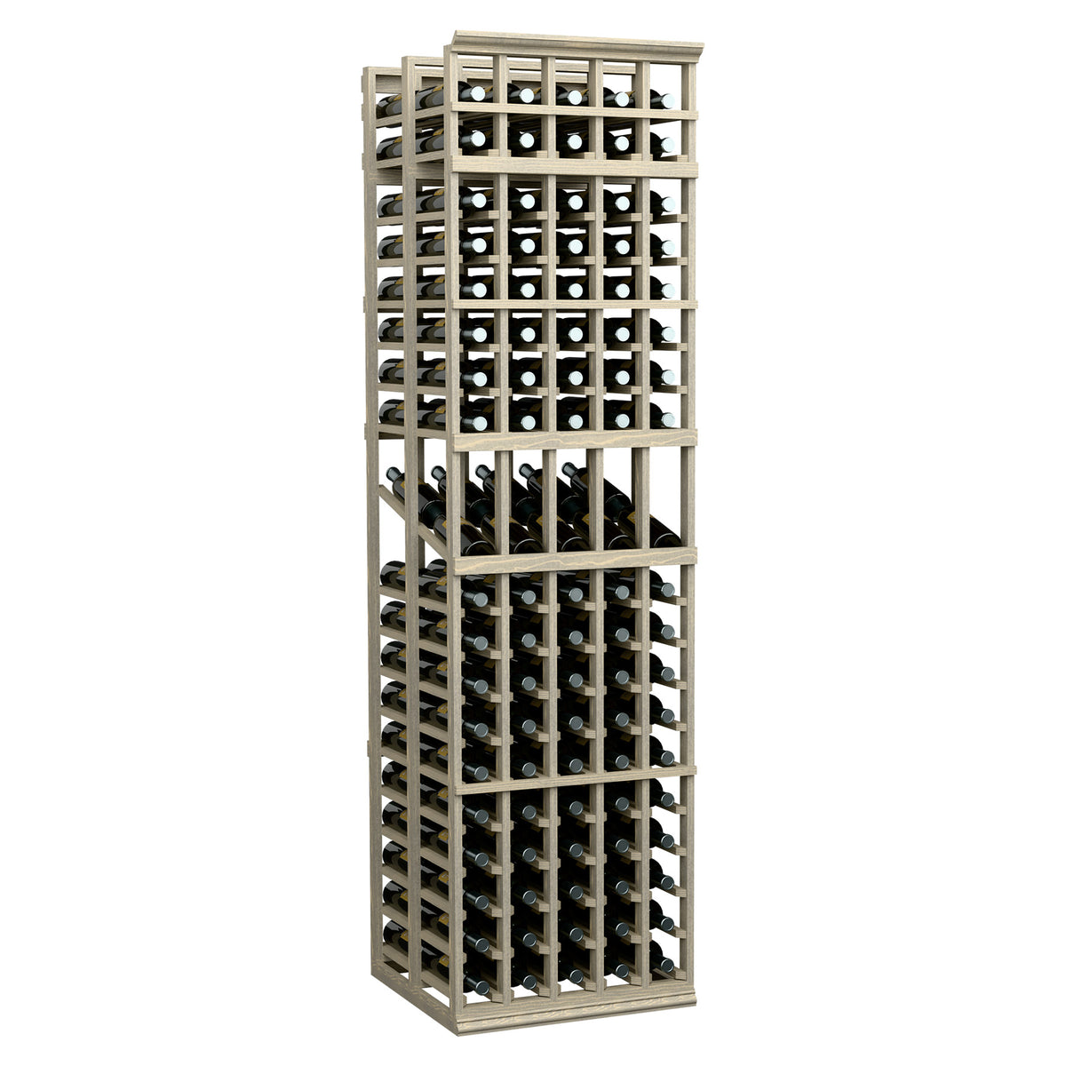 Light wood 5-column double-deep wine display rack with rows for bottles