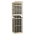 Tall light wood wine storage rack with two deep bottle rows per bay