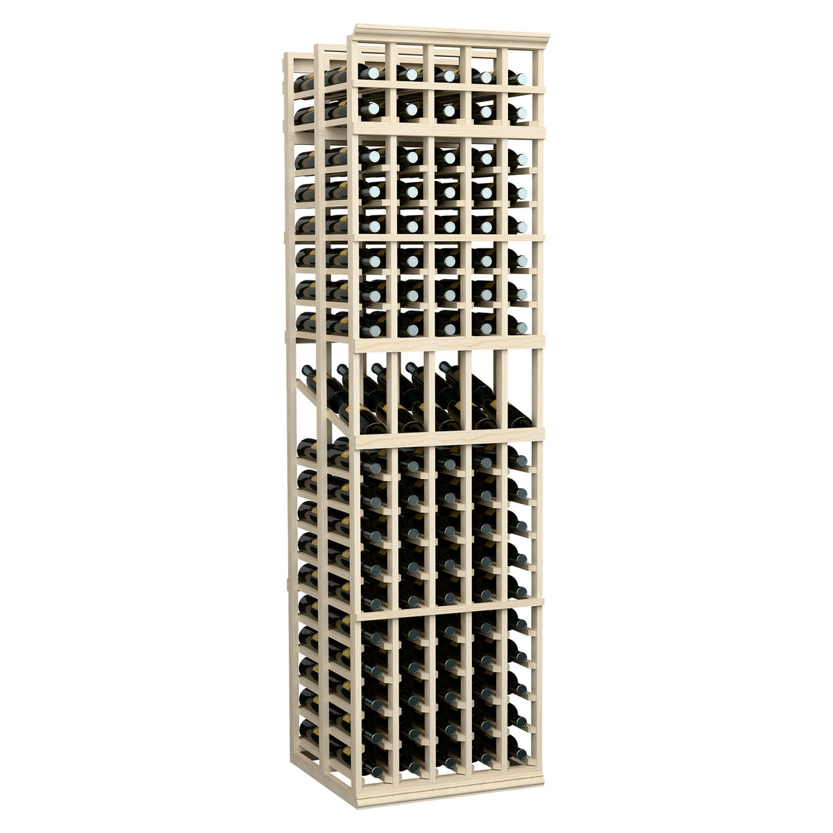 Tall light wood wine storage rack with two deep bottle rows per bay
