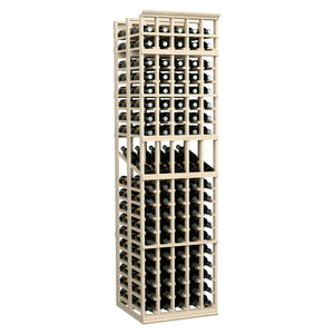 Tall light wood wine storage rack with two deep bottle rows per bay