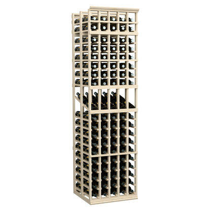Tall light wood wine storage rack with two deep bottle rows per bay