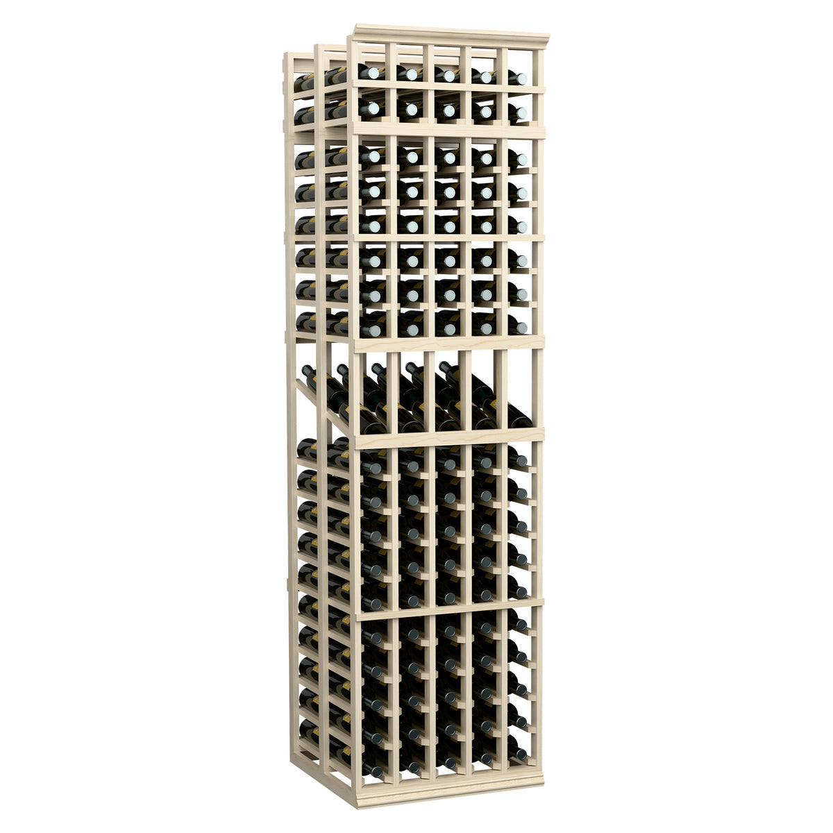 Light-colored wood wine rack showing stacked bottle openings across 5 columns