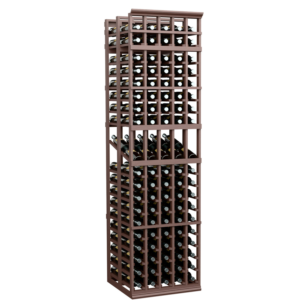 Dark wood 5-column double-deep wine display rack with open cubbies for bottles