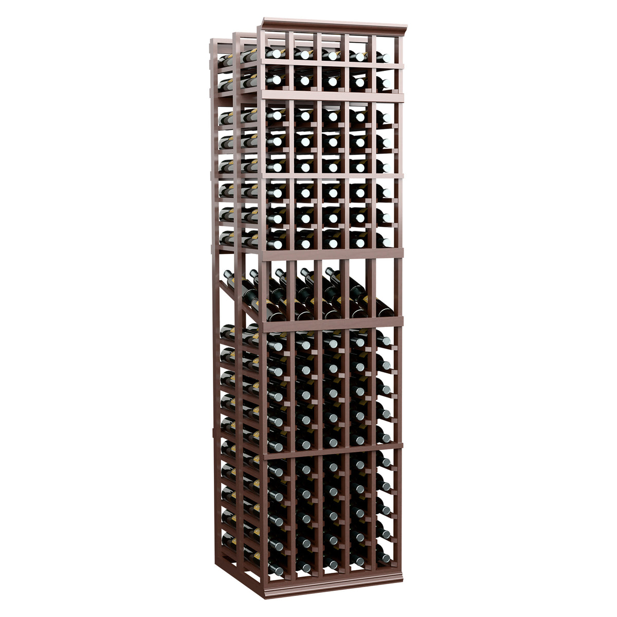 Dark brown wine storage rack with multiple bottle compartments in a tall frame