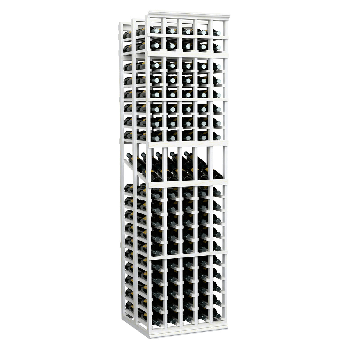 White-finished wine display rack with 5 columns and double-deep bottle storage