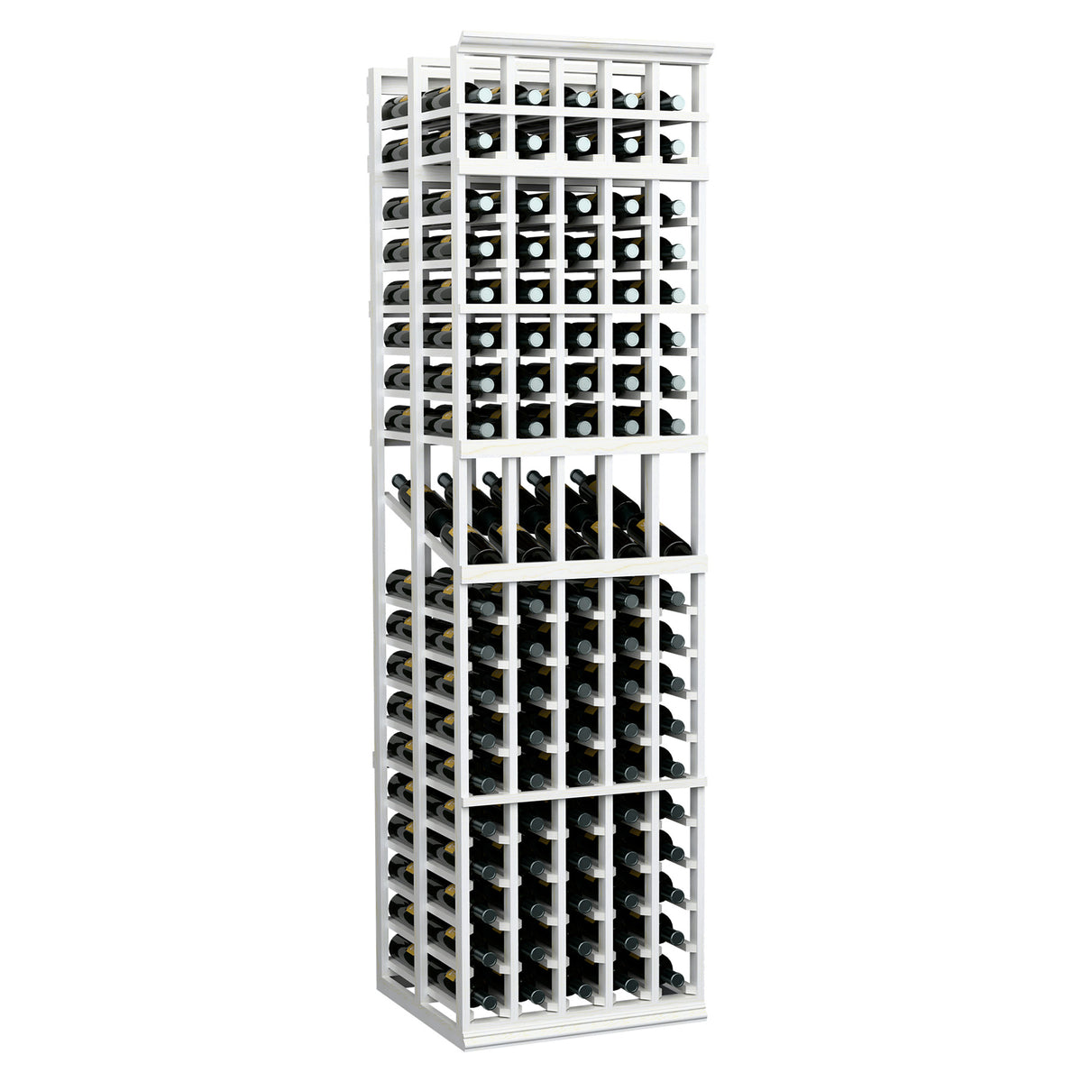 White wine rack showing tall frame with bottle slots arranged in 5 columns