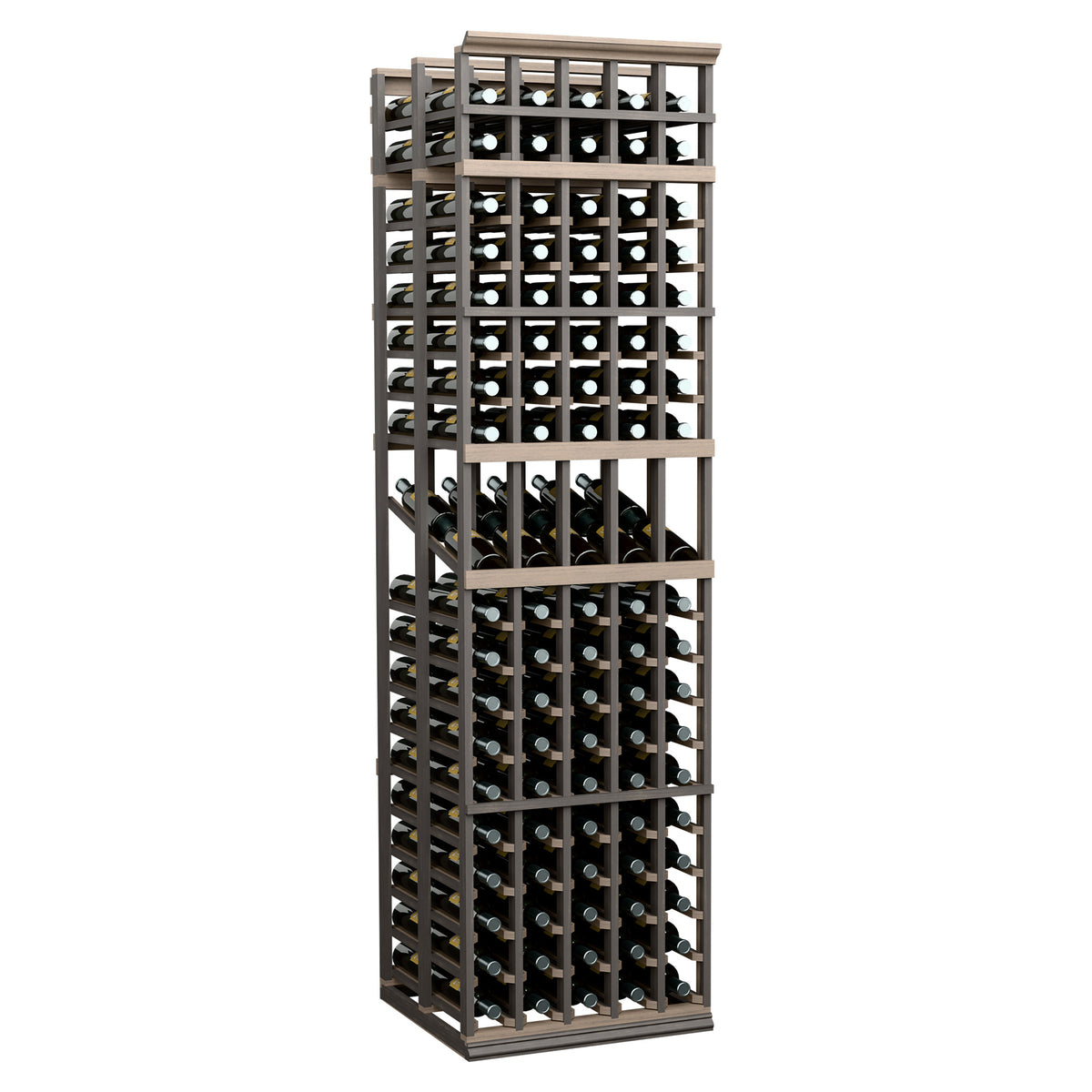 Double deep wine display rack with 5 columns, dark frame and stacked wine bottles.