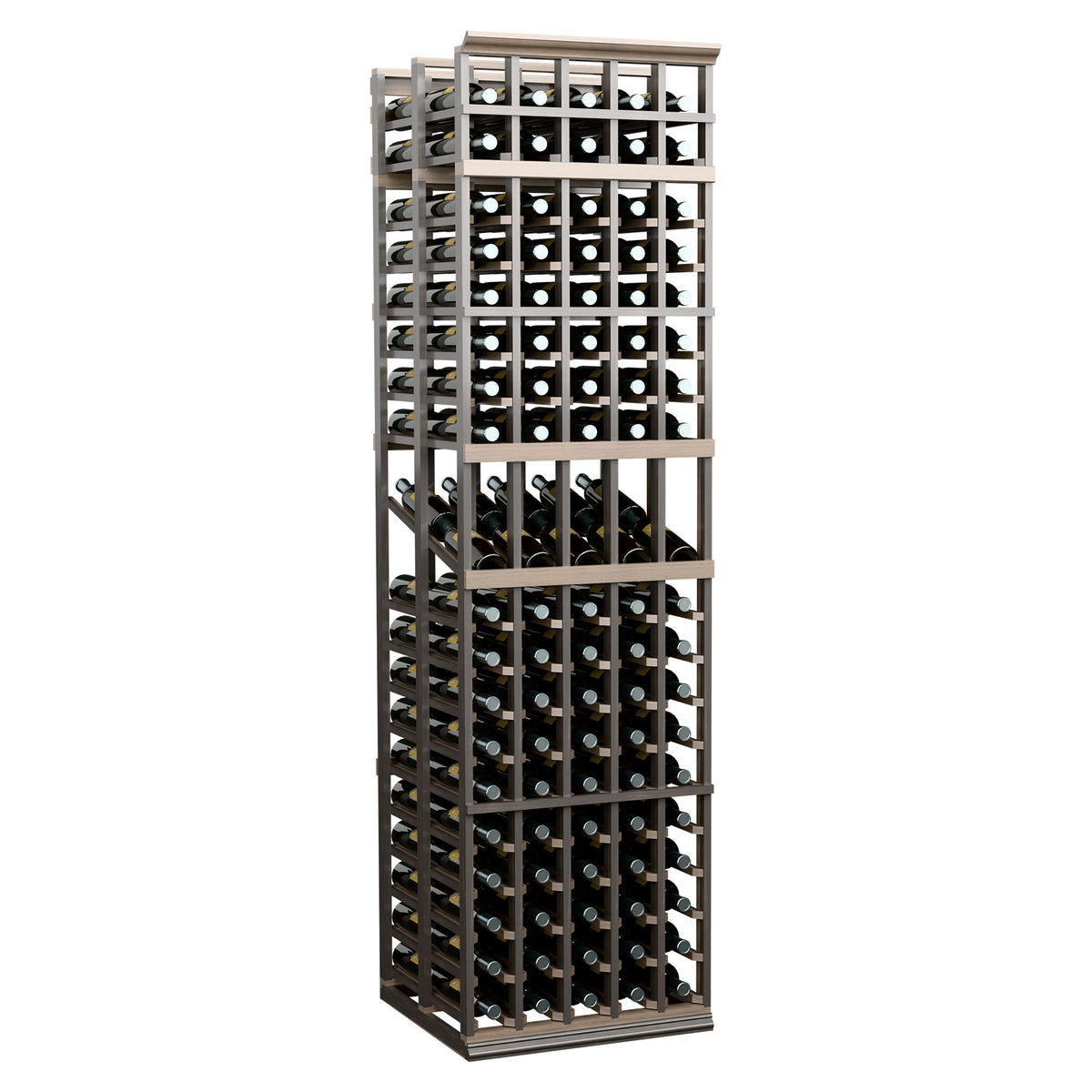 Double deep wine display rack with 5 columns, dark metal-and-wood frame, bottles visible.