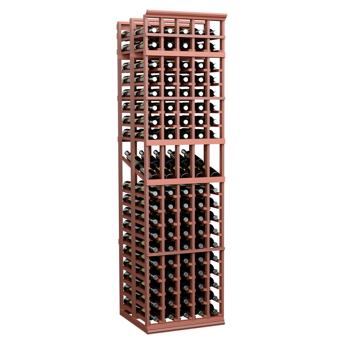 Double deep wine display rack with 5 columns, red-brown frame, wine bottles on shelves.
