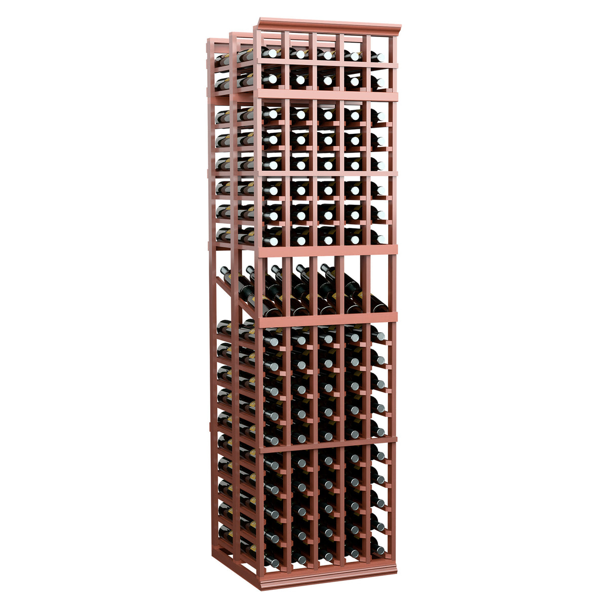 Double deep wine display rack with 5 columns, red-brown wood and metal frame, bottles visible.