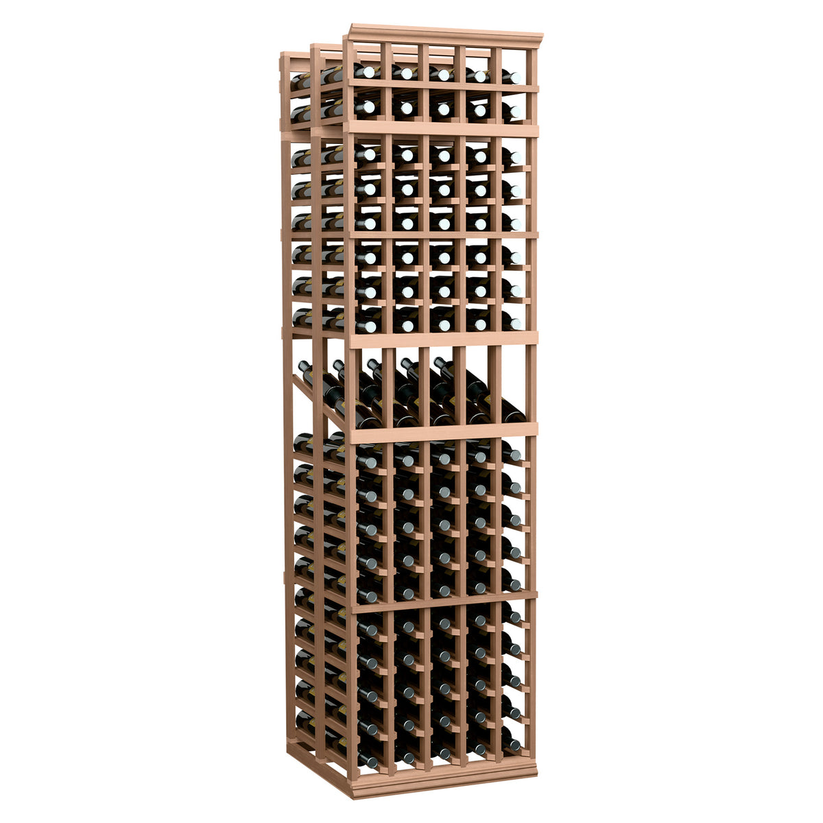Double deep wine display rack with 5 columns, light wood frame, wine bottles in tiers.