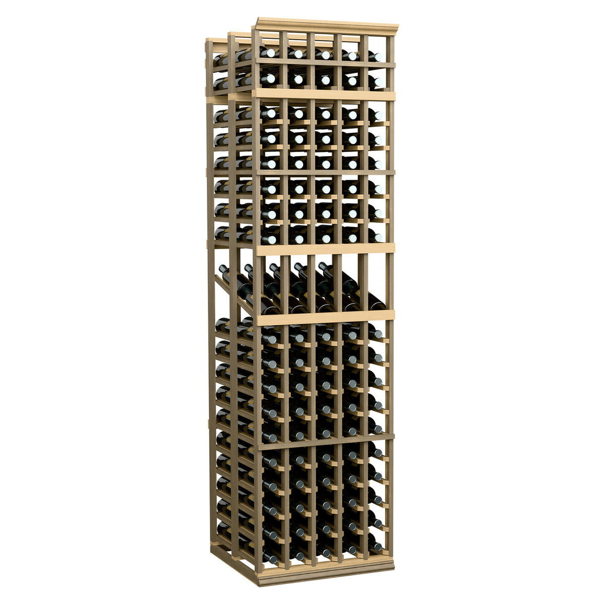 Double deep wine display rack with 5 columns, tan wood frame, wine bottles in front tiers.