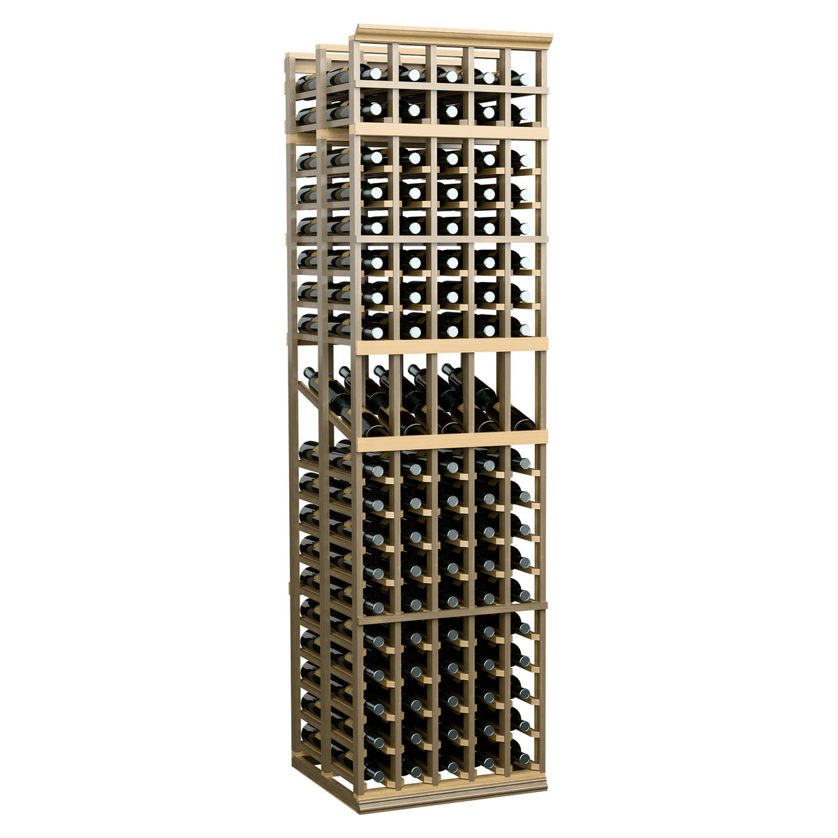 Double deep wine display rack with 5 columns, tan wood frame, wine bottles on inner shelves.