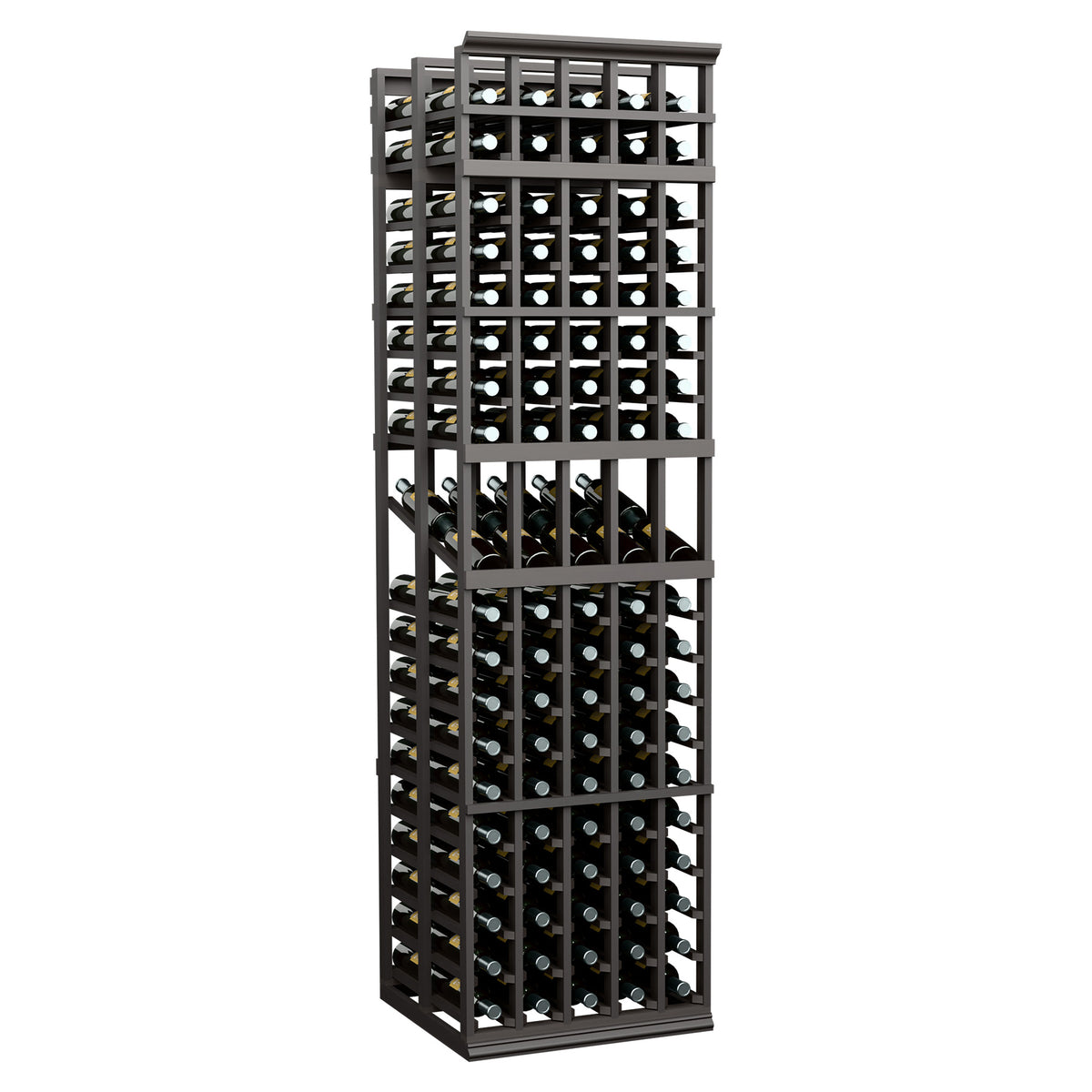 Double deep wine display rack with 5 columns, black frame and wine bottles arranged by row.
