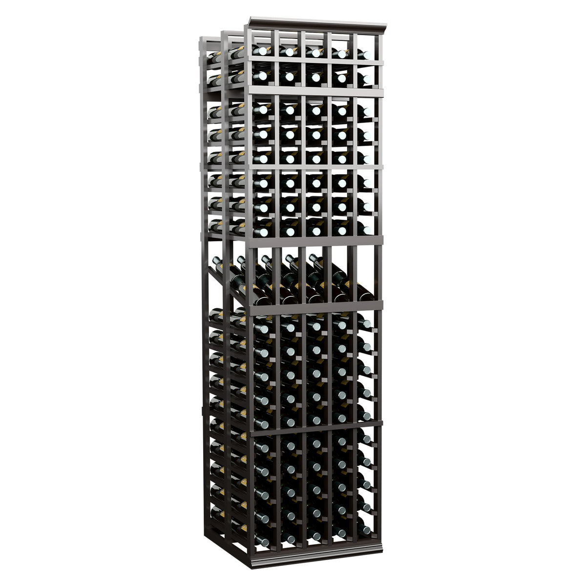 Double deep wine display rack with 5 columns, dark frame with bottle display rows, wine visible.