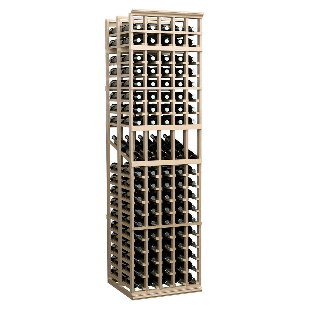 5-column double deep wine display rack in light gray wood with bottle storage cells