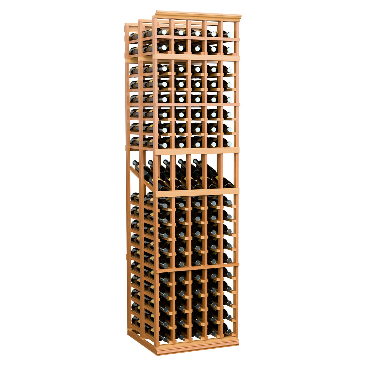 5-column double deep wine display rack with honey-toned wood and rows of bottle holders