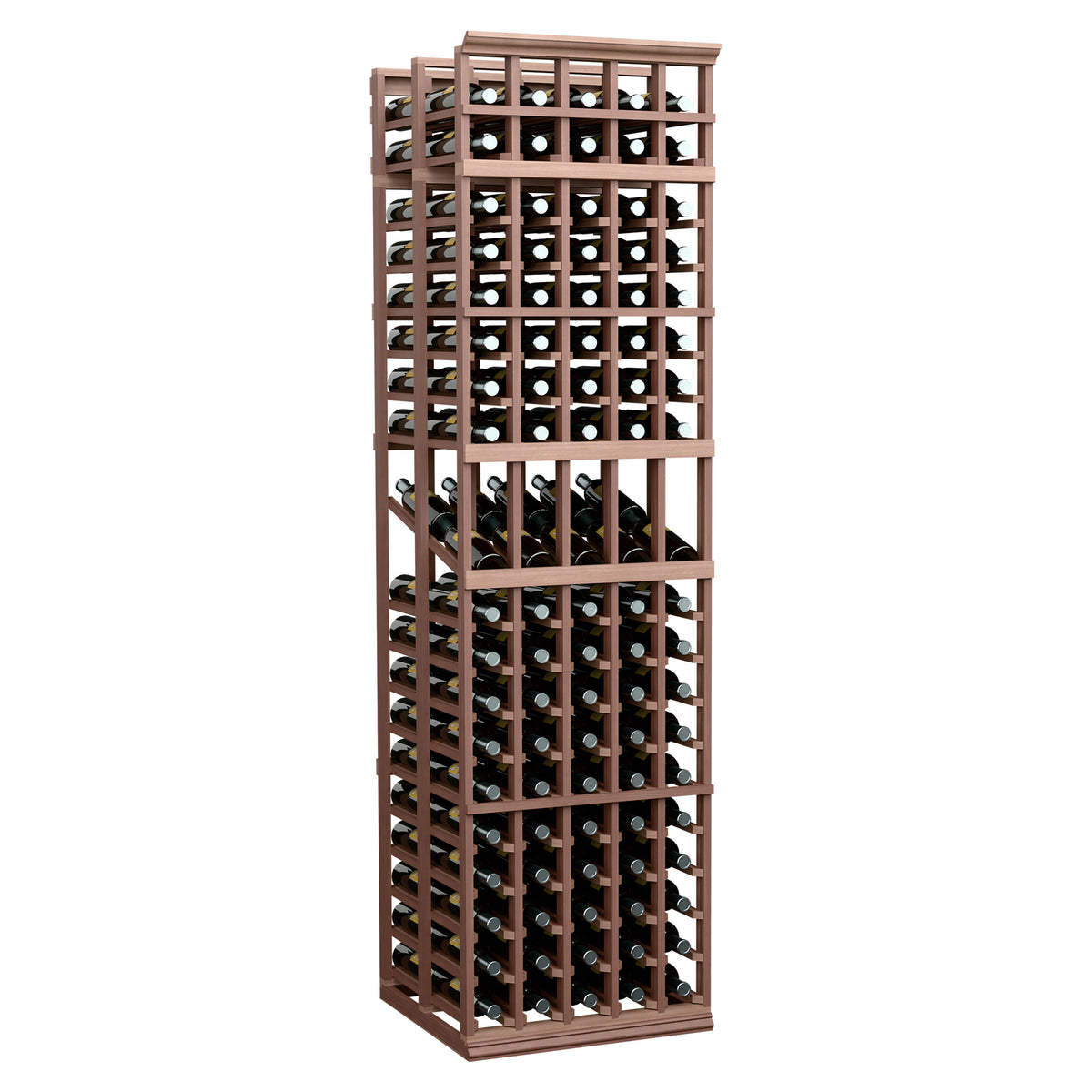 5-column double deep wine display rack with dark brown wood frame and bottle openings