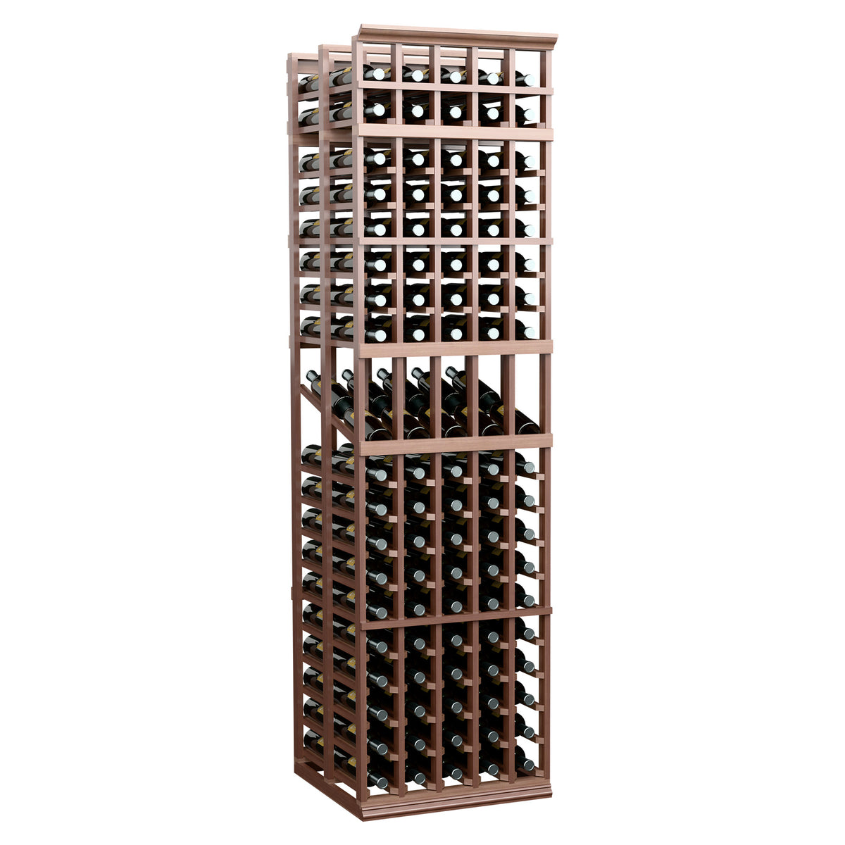 5-column double deep wine display rack with deep brown wood and multi-row bottle storage