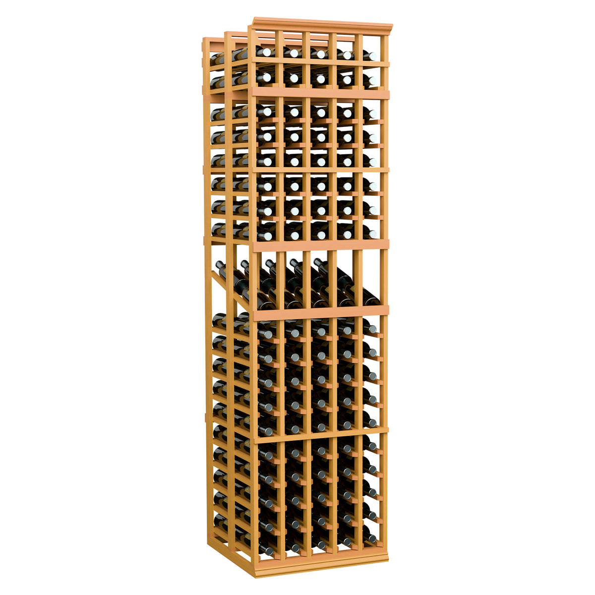 5-column double deep wine display rack in golden yellow wood with bottle cubbies