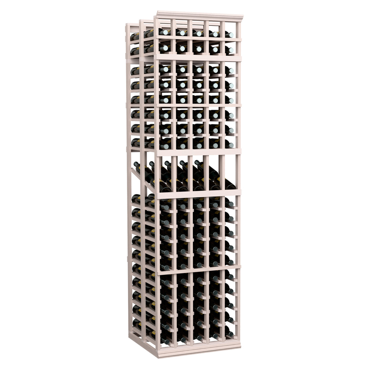 5-column double deep wine display rack with whitewashed wood and bottle holder compartments