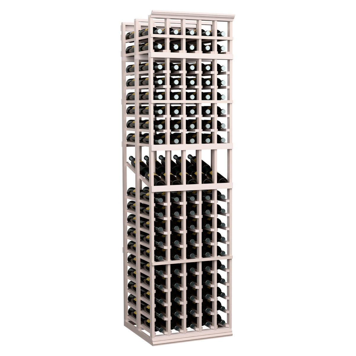 5-column double deep wine display rack in pale whitewashed wood with wine bottle cells