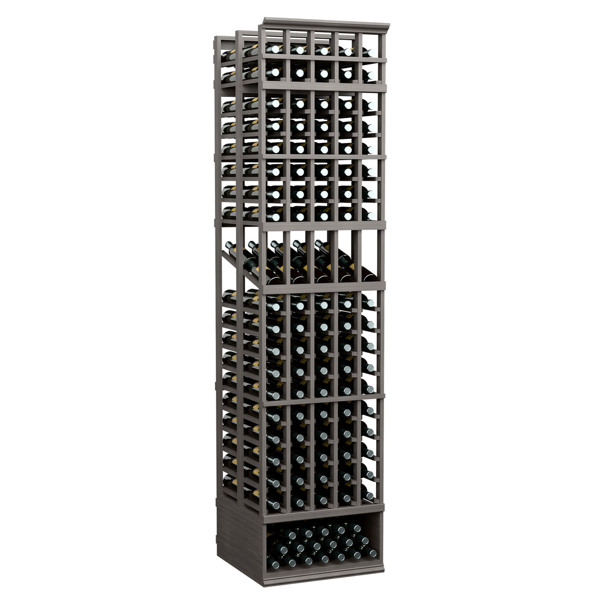 Dark metal double-deep wine display rack with 5 columns and bottle holder slots