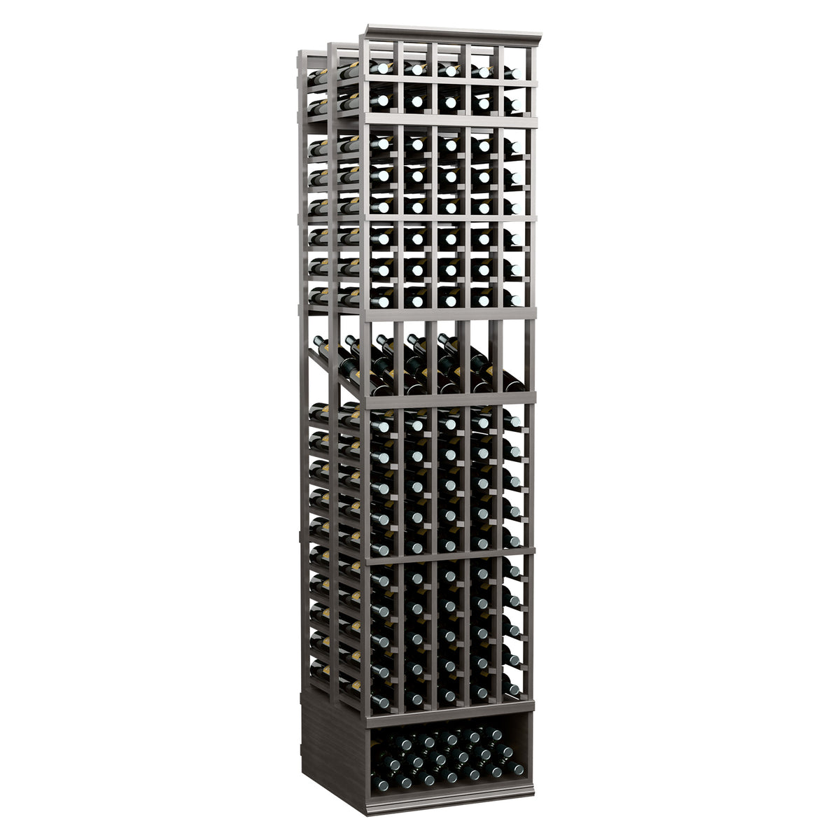 Dark wine display rack with grid sides, stacked bottle rows, and 5 column openings