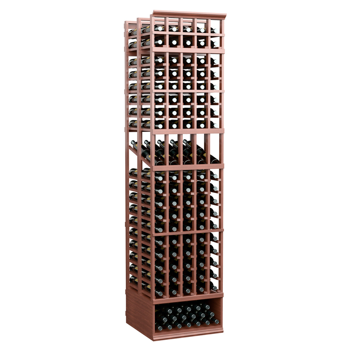 Red-brown wine display rack with grid panels, stacked bottle rows, and 5 column bays