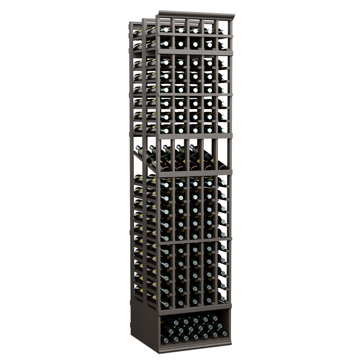 Dark metal double-deep wine display rack with 5 columns and bottle holder openings