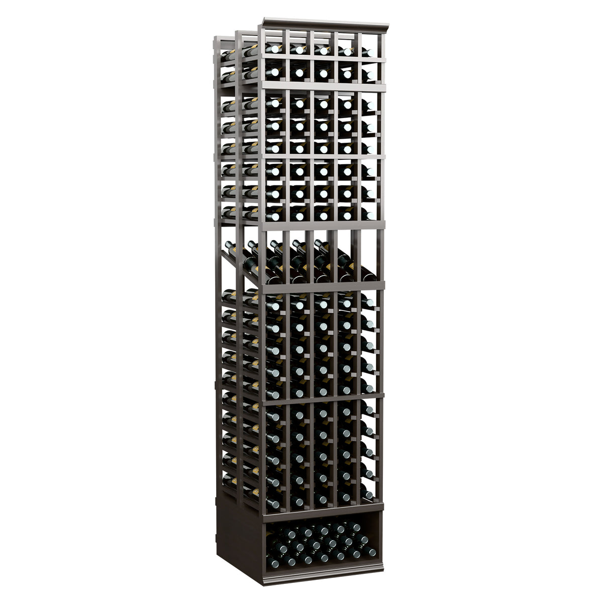 Dark wine display rack with grid sides, stacked bottle rows, and 5 column bays