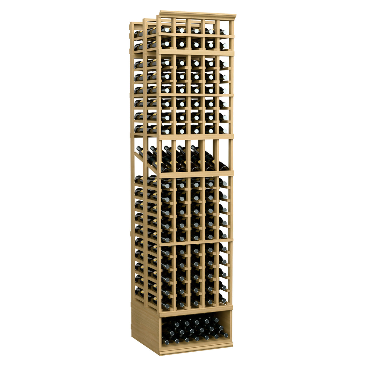 5-column double deep wine display rack with lattice shelves and bottle openings, light wood