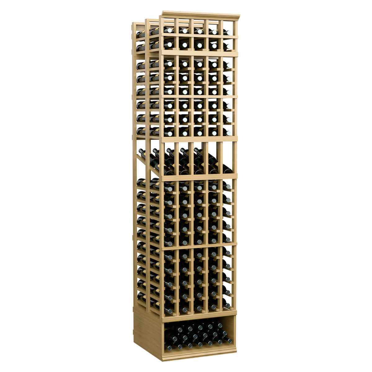 5-column double deep wine display rack with lattice shelves and bottle openings, light wood