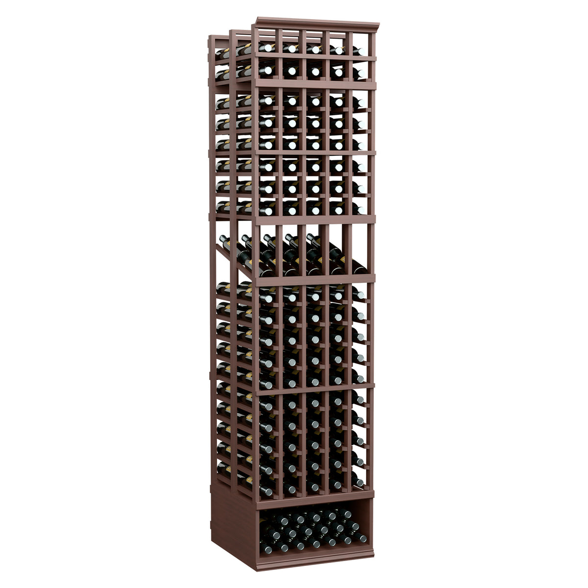 5-column double deep wine display rack with lattice shelves and bottle openings, dark walnut