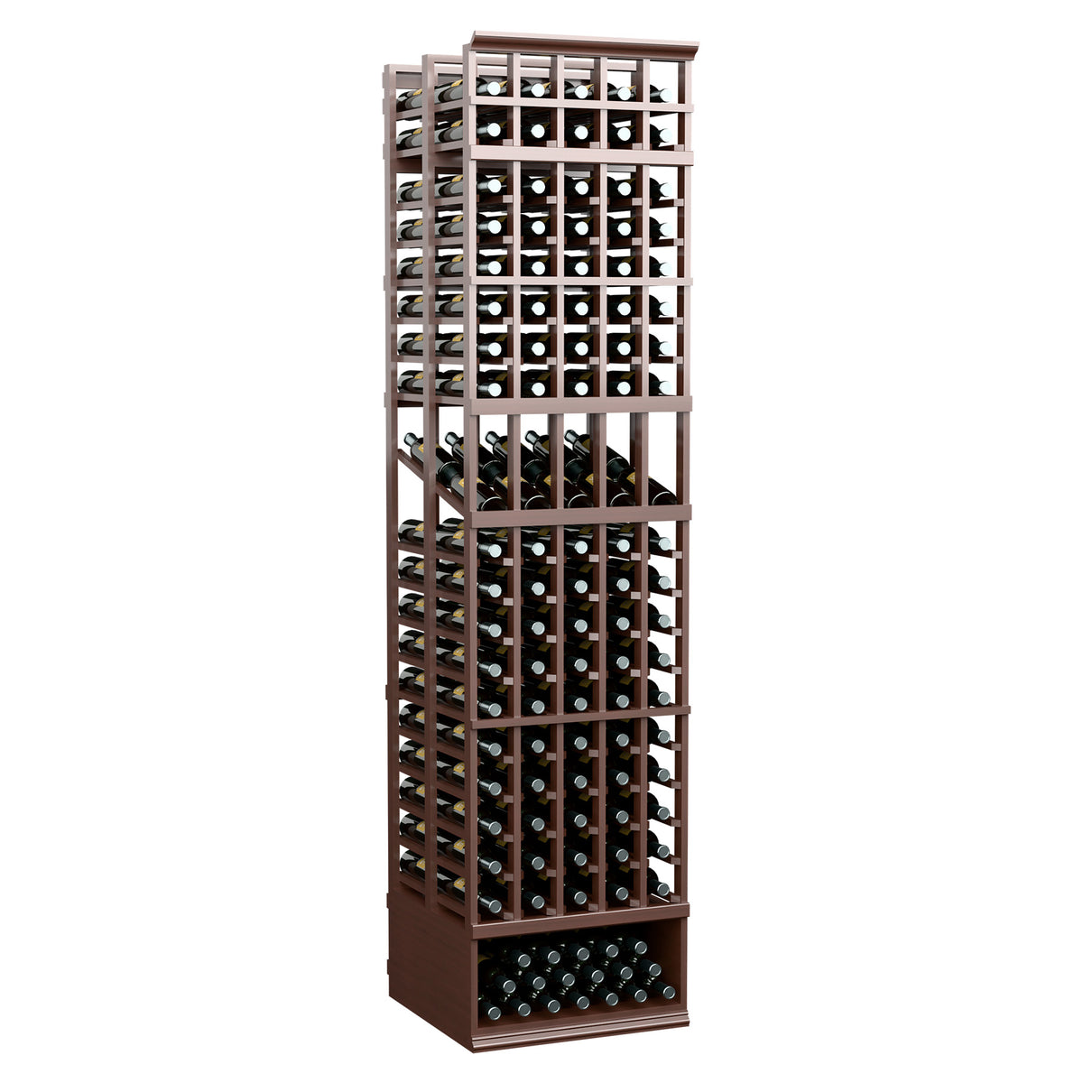 5-column double deep wine display rack with lattice shelves and bottle openings, dark walnut