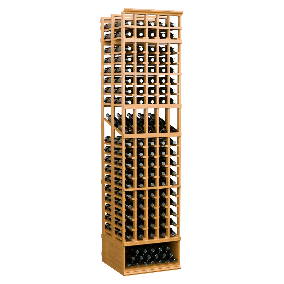 5-column double deep wine display rack with lattice shelves and bottle openings, natural honey wood