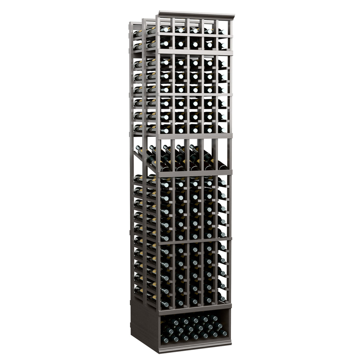 Wine display rack with black frame and glass bottle rows in a double-deep layout