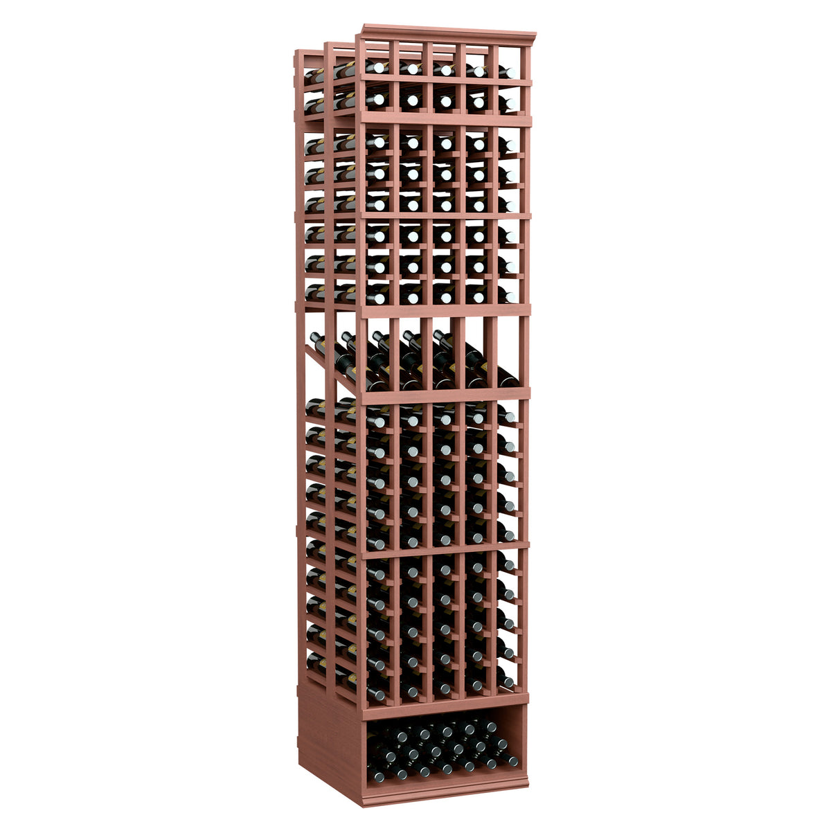 Wine display rack with reddish-brown wood frame, double-deep 5-column bottle shelves