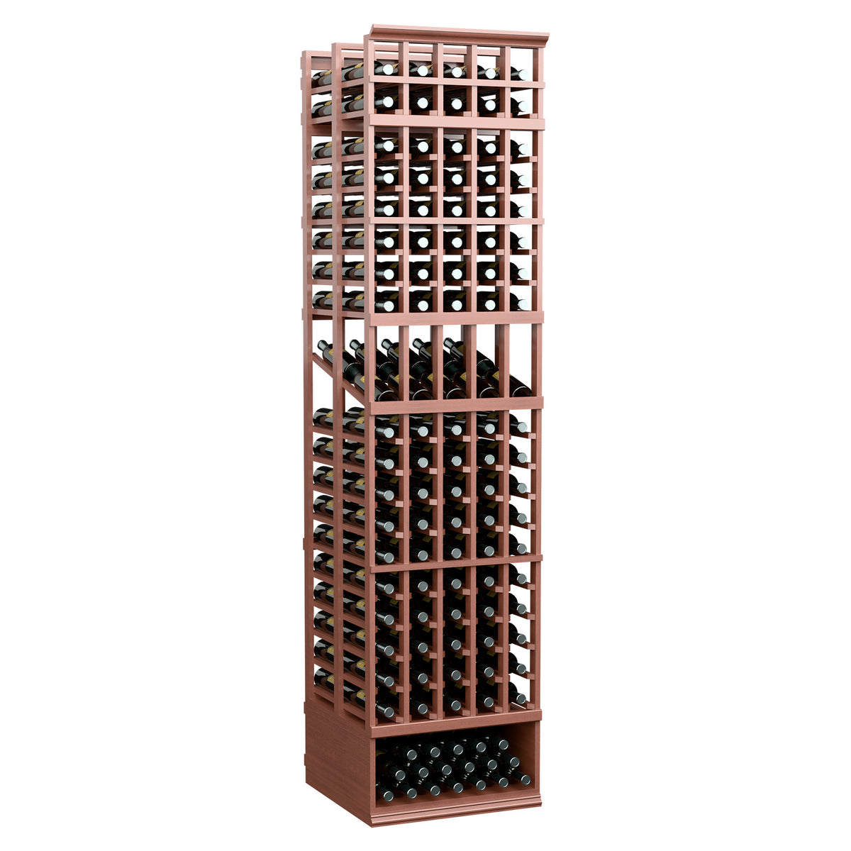 Wine display rack with red-brown frame, double-deep bottle cells and 5-column layout