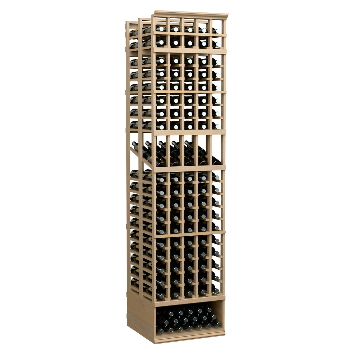 Wine display rack with light tan wood frame, double-deep 5-column bottle shelves